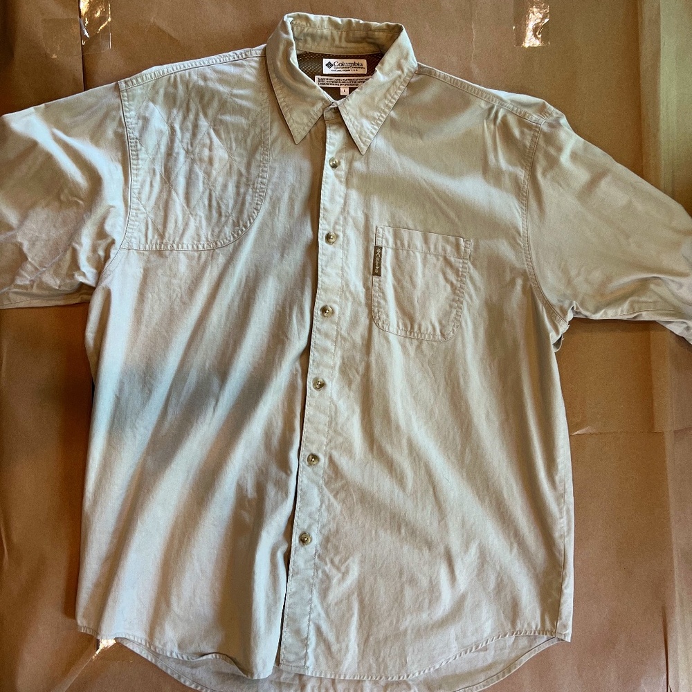 Vintage Columbia Long Sleeve Shirt  -  Size LG  The color is a Green/Khaki.